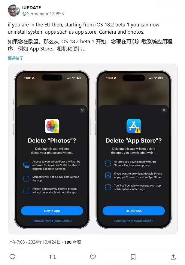 澧县苹果手机维修分享iOS 18.2 支持删除 App Store 应用商店 